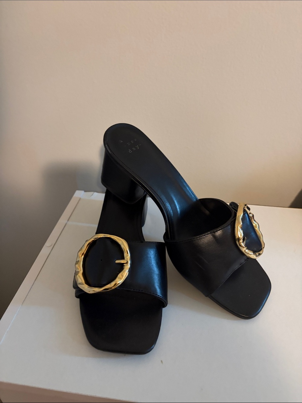 a new day Black Slide Mules with Gold Buckle